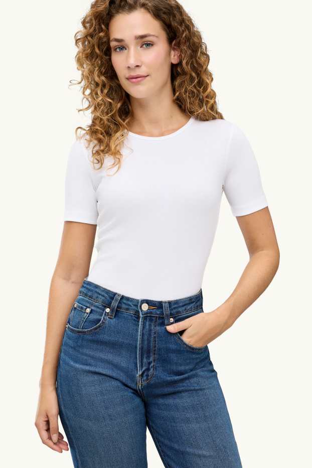 Dames - T-shirt - slim fit - ribstof - wit