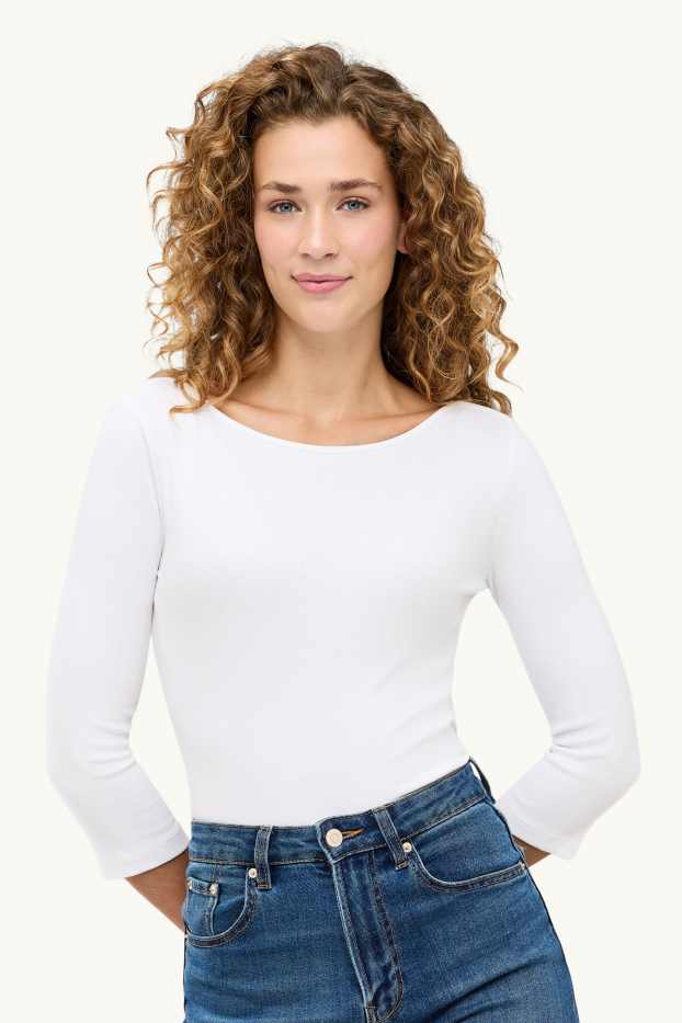Femei - Tricou cu mânecă lungă - slim fit - reiat - alb