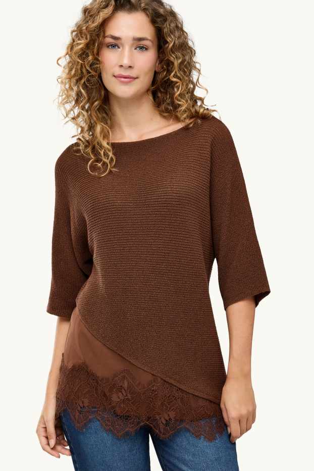 Femmes - Pull en maille - manches courtes - finition côtelée - marron