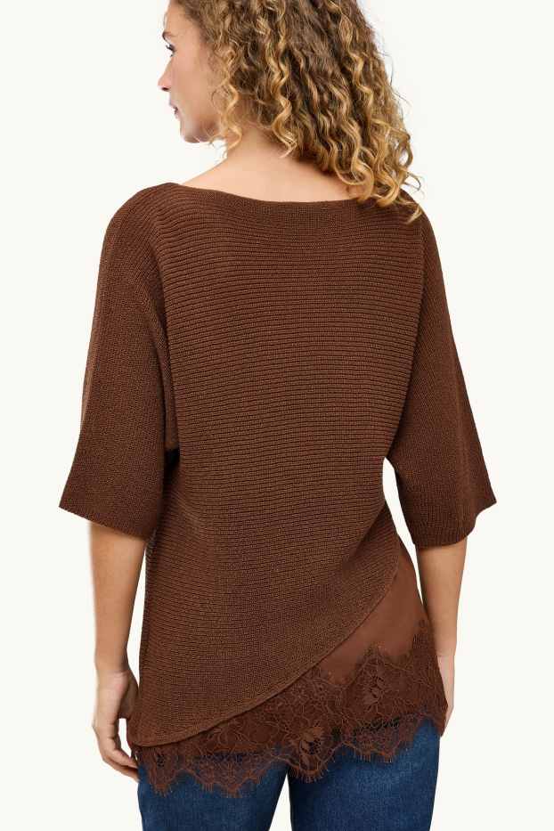 Femmes - Pull en maille - manches courtes - finition côtelée - marron