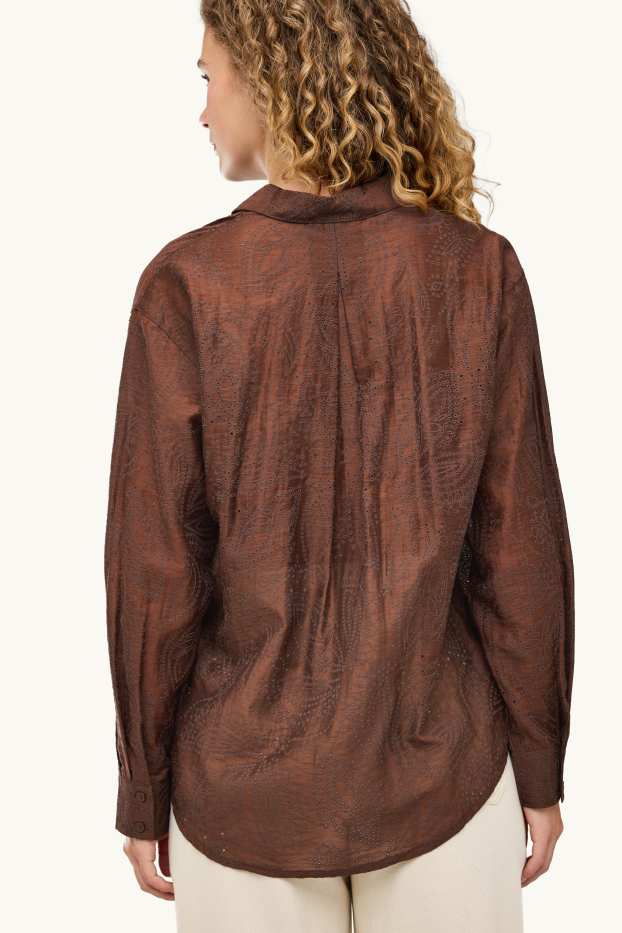 Donna - Blusa - broderie anglaise - marrone