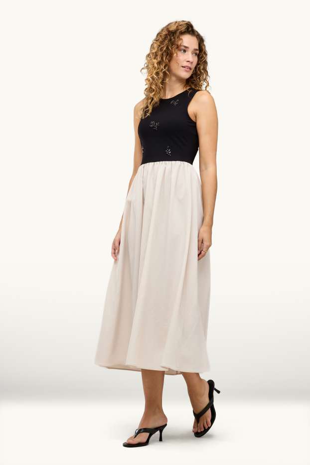 Dames - Fit & flare-jurk met strass-steentjes - zwart / beige
