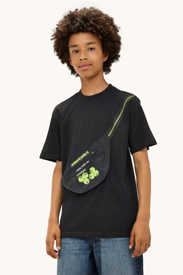 Children Boys - Minecraft - short sleeve T-shirt with appliquéd bag - black