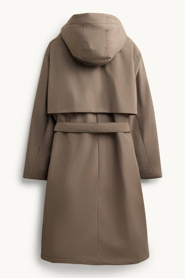 Women - Technical trench coat with hood and belt - lined - taupe
