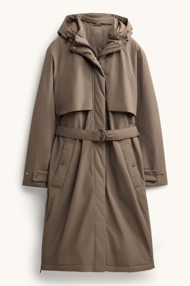Women - Technical trench coat with hood and belt - lined - taupe