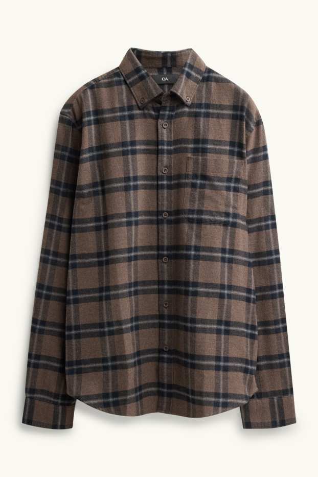 Pánské - Košile - regular fit - button-down - kostkovaná - hnědá/tmavomodrá