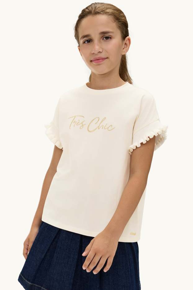 Kinderen: meisjes - T-shirt - glanseffect - crème wit