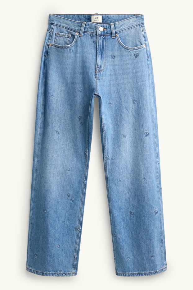 Women - Baggy jeans - mid-rise waist - floral - blue denim