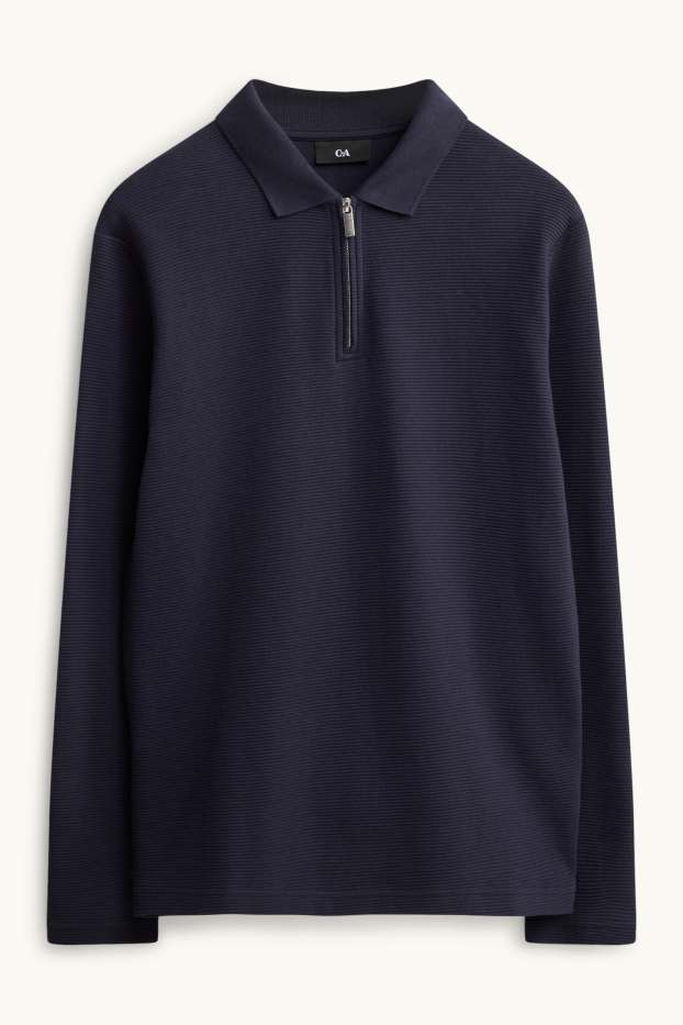 Men - Long sleeve polo shirt - regular fit - ribbed - dark blue