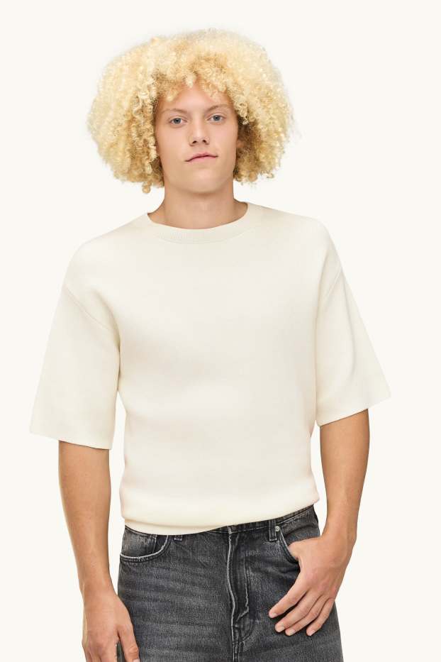 Hommes - T-shirt en maille - relaxed fit - blanc crème