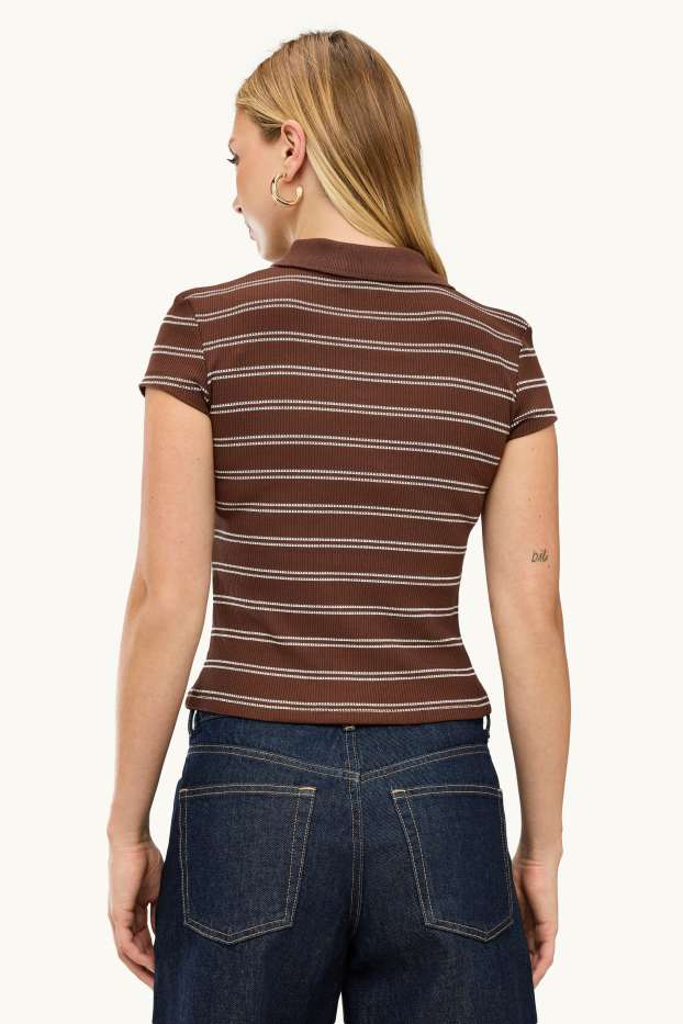 Dames - Gebreid poloshirt - slim fit - ribstof - gestreept - bruin