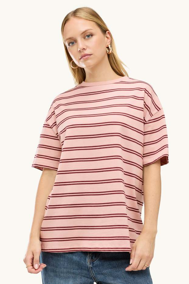 Femmes - T-shirt - Oversize - à rayures - rose / rouge foncé