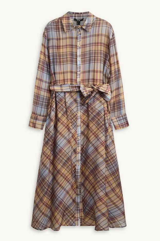 Women - Shirt dress with belt - check - beige / brown