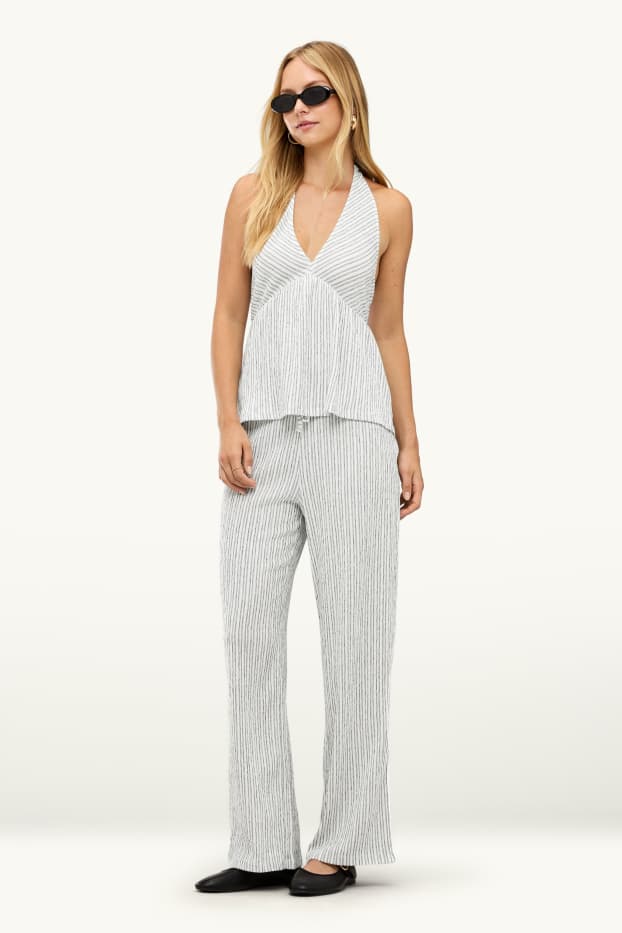 Damen - Stoffhose - Mid Waist - Wide Leg - gestreift - weiss / schwarz