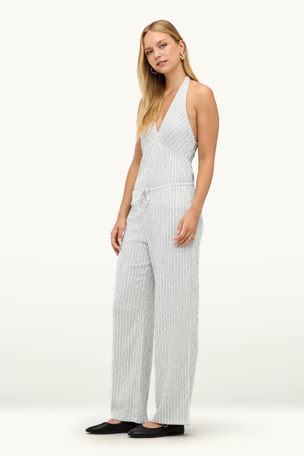 Damen - Stoffhose - Mid Waist - Wide Leg - gestreift - weiss / schwarz