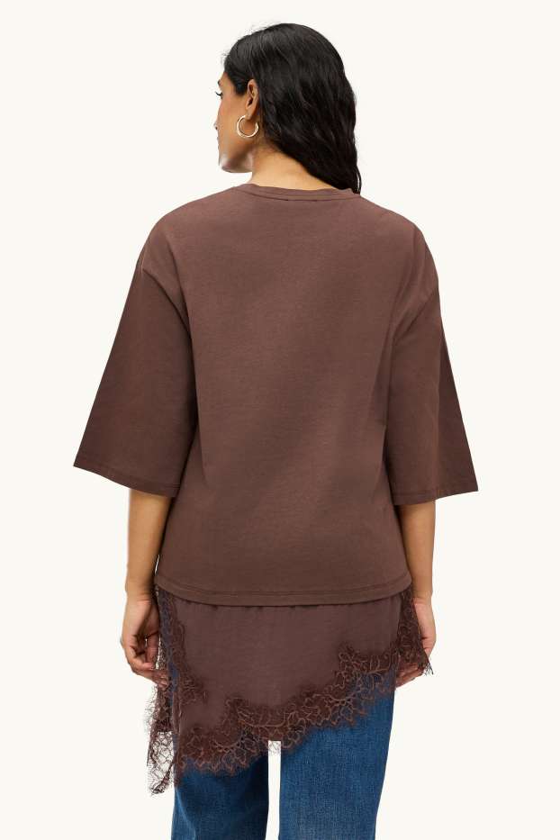 Damen - T-Shirt - Regular Fit - 2-in-1-Look - dunkelbraun