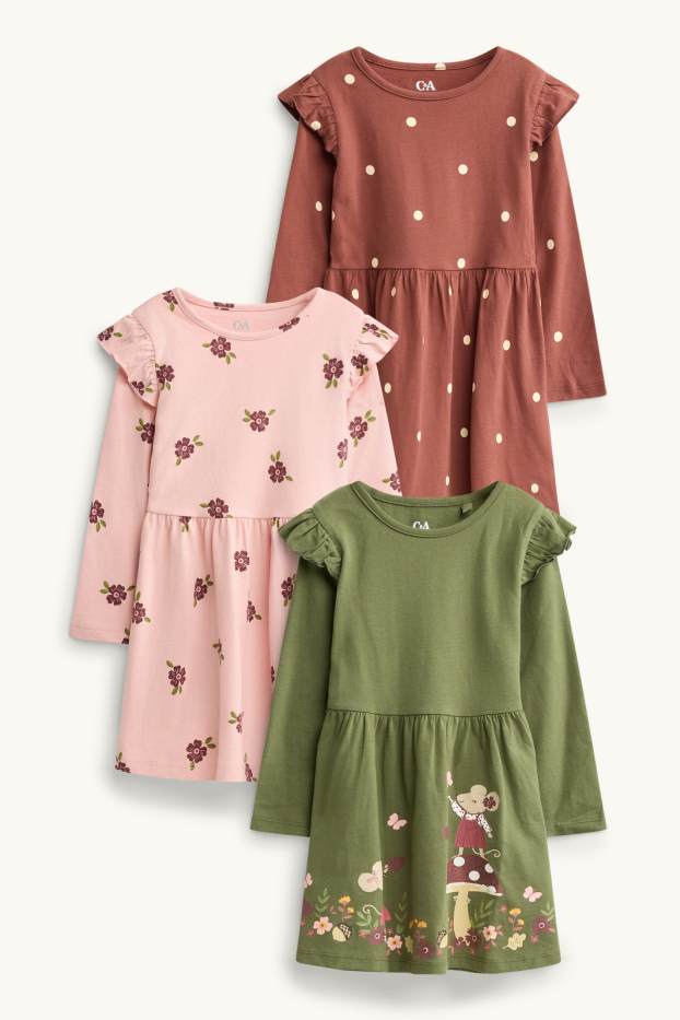 Kinderen: meisjes - Set van 3 - jurk - met patroon - groen / roze