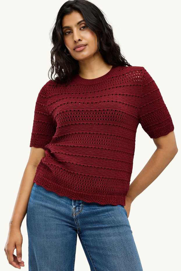 Femei - Pulover tricotat - mânecă scurtă - bordo