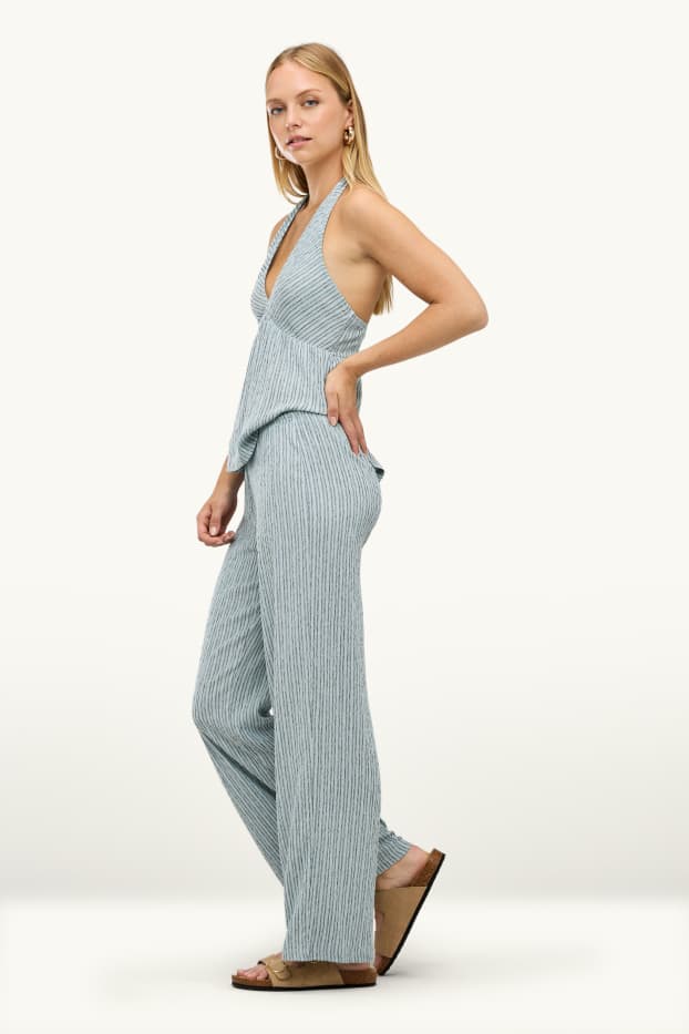 Women - Cloth trousers - mid-rise waist - wide leg - striped - light blue