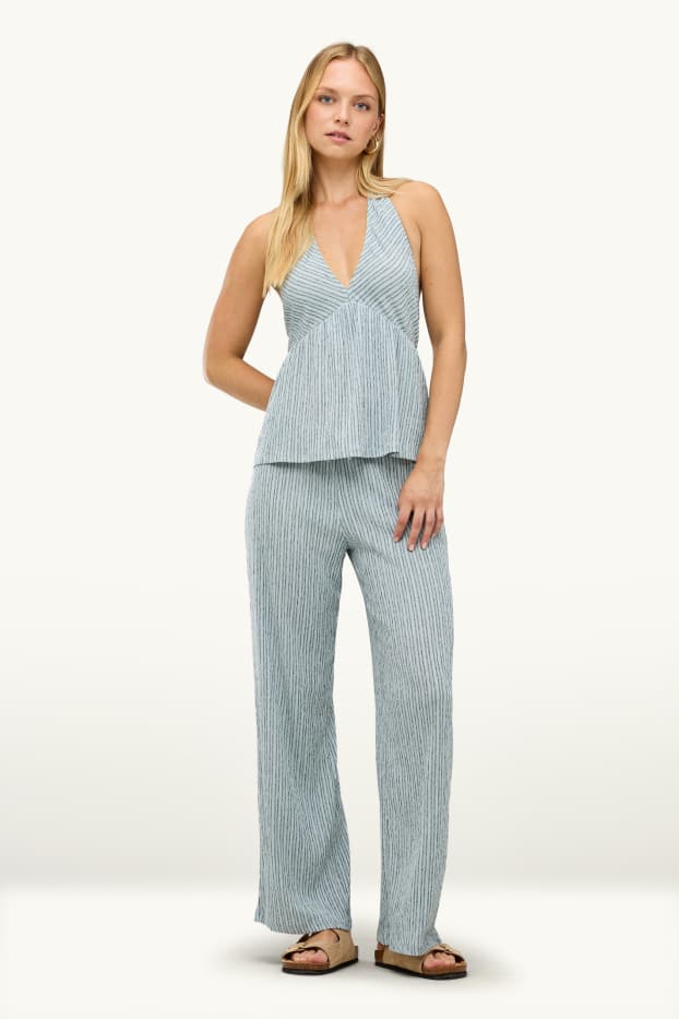 Women - Cloth trousers - mid-rise waist - wide leg - striped - light blue