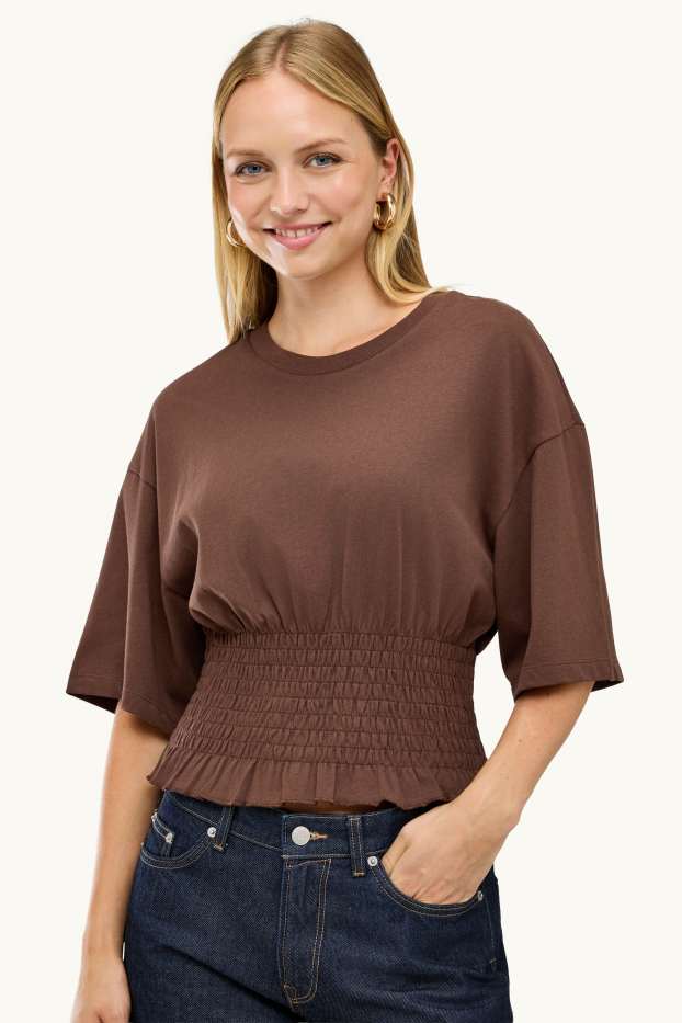 Donna - T-shirt - slim fit - arricciature - marrone