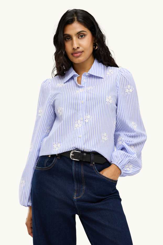 Dames - Overhemdblouse - met borduursels - gestreept - gebloemd - blauw / wit