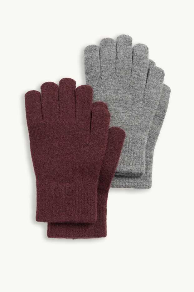 Kinderen: meisjes - Set van 2 paar - handschoenen - grijs / donkerrood