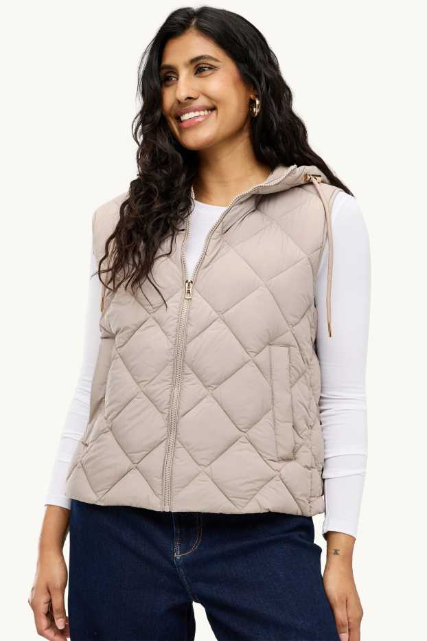 Donna - Gilet trapuntato con cappuccio - idrorepellente - marrone