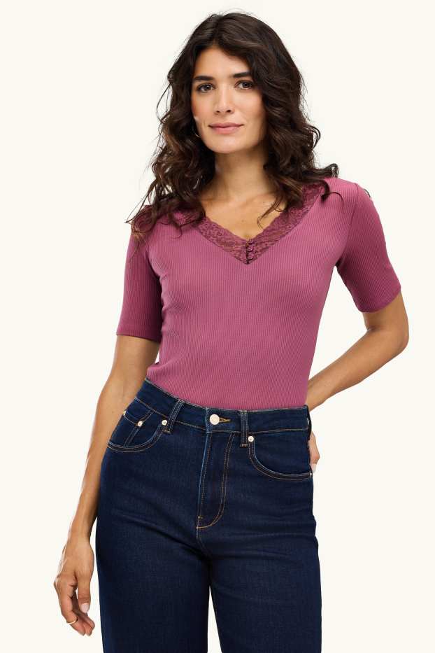Damen - T-Shirt mit V-Ausschnitt - Regular Fit - gerippt - lila