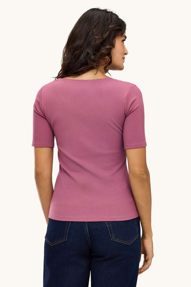 Damen - T-Shirt mit V-Ausschnitt - Regular Fit - gerippt - lila