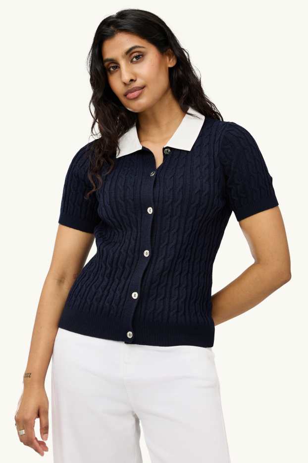 Dames - Vest - kabelpatroon - donkerblauw / wit