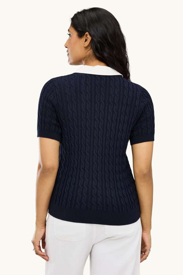 Dames - Vest - kabelpatroon - donkerblauw / wit