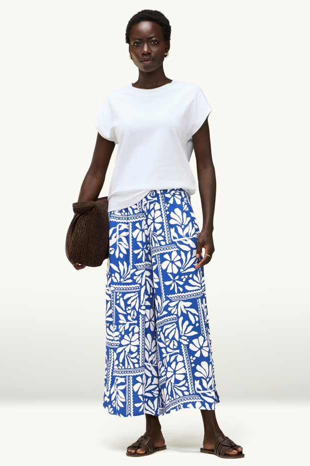 Women - Cloth trousers - mid-rise waist - - palazzo - patterned - blue / white