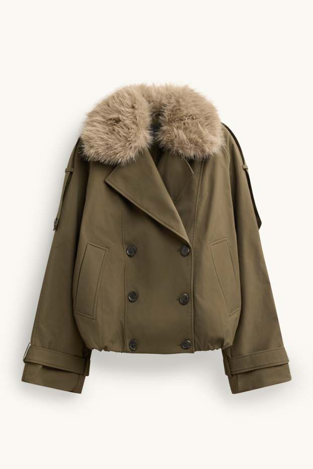 Damen - Crop Trenchcoat mit Kunstfellbesatz - wasserabweisend - khaki