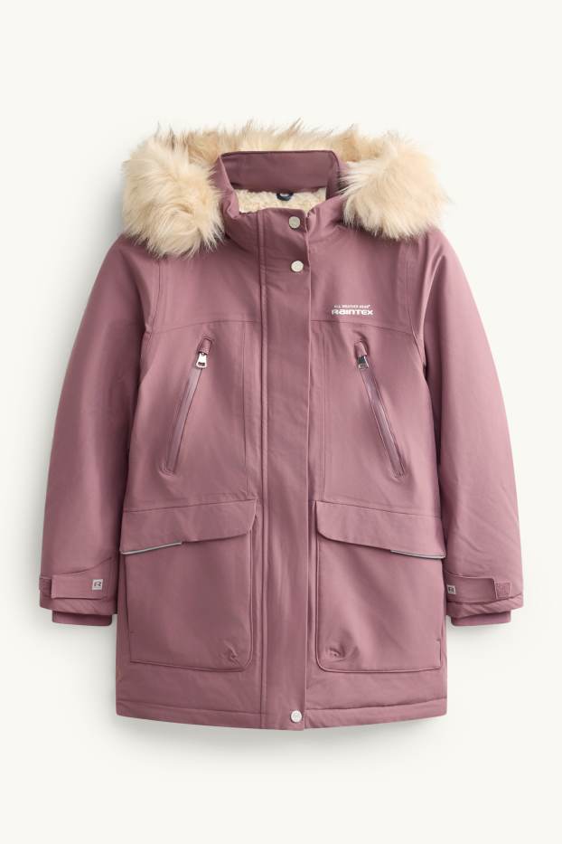 Children Girls - Rain jacket with hood and faux fur collar - waterproof - dark rose