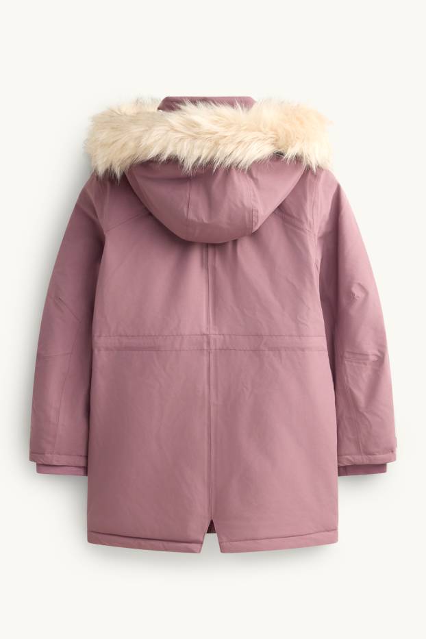 Children Girls - Rain jacket with hood and faux fur collar - waterproof - dark rose