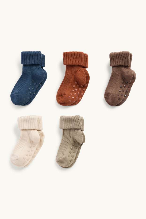 Neonati - Confezione da 5 - calze antiscivolo con perni per neonati - a coste - marrone / beige