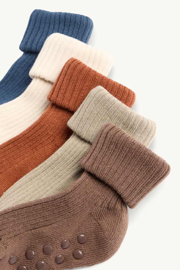 Neonati - Confezione da 5 - calze antiscivolo con perni per neonati - a coste - marrone / beige