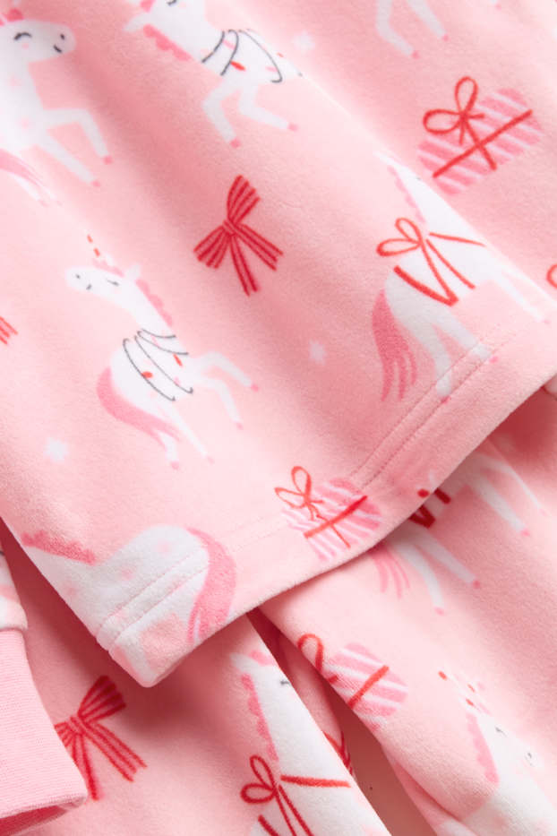 Kinder Mädchen - Einhorn, Geschenk und Schleife - Fleece-Pyjama - 2 teilig - pink