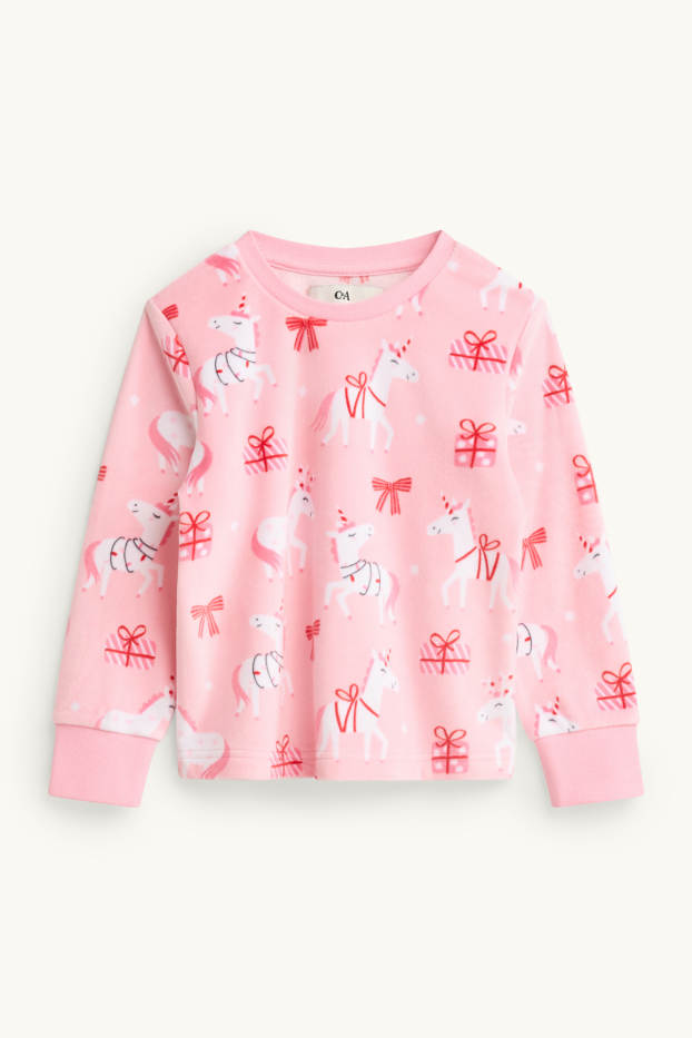 Kinder Mädchen - Einhorn, Geschenk und Schleife - Fleece-Pyjama - 2 teilig - pink