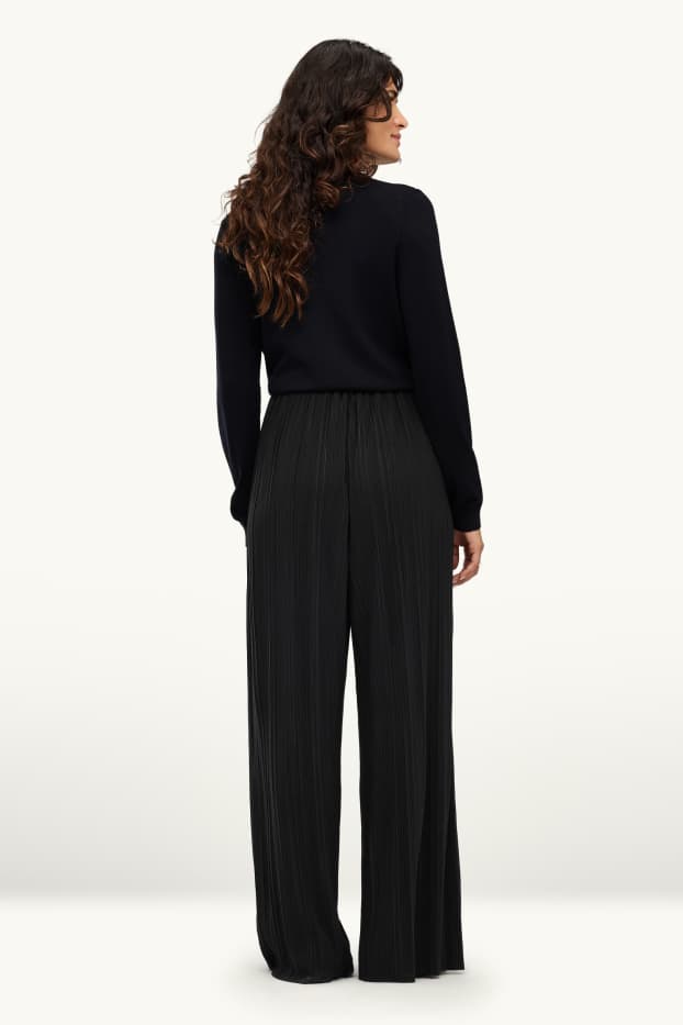 Dona - Pantalons de tela - high waist - wide leg - acanalats - negre