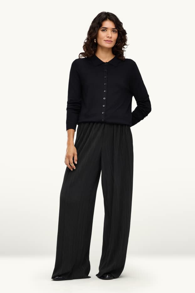 Dona - Pantalons de tela - high waist - wide leg - acanalats - negre