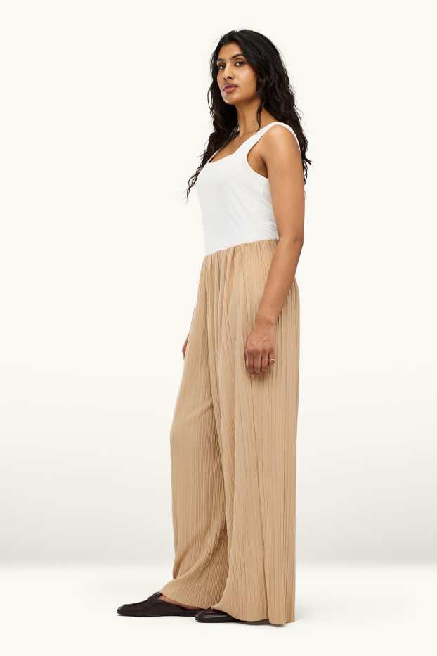 Dona - Pantalons de tela - high waist - wide leg - acanalats - marró clar