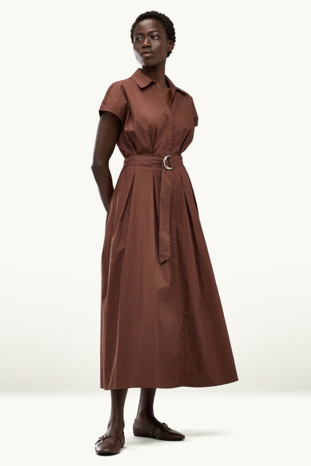 Women - Dress with belt - straight fit - dark brown