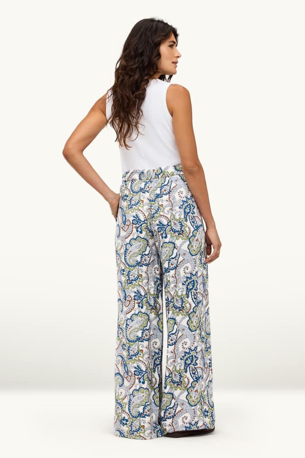 Damen - Stoffhose - High Waist - Wide Leg - gemustert - weiß / blau