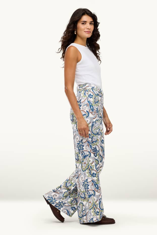 Damen - Stoffhose - High Waist - Wide Leg - gemustert - weiß / blau