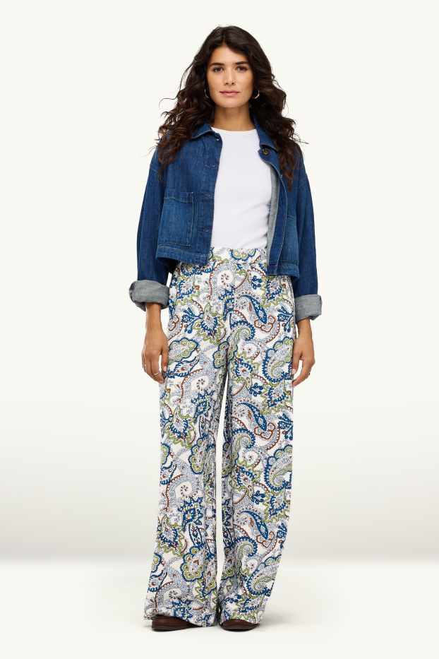 Damen - Stoffhose - High Waist - Wide Leg - gemustert - weiß / blau