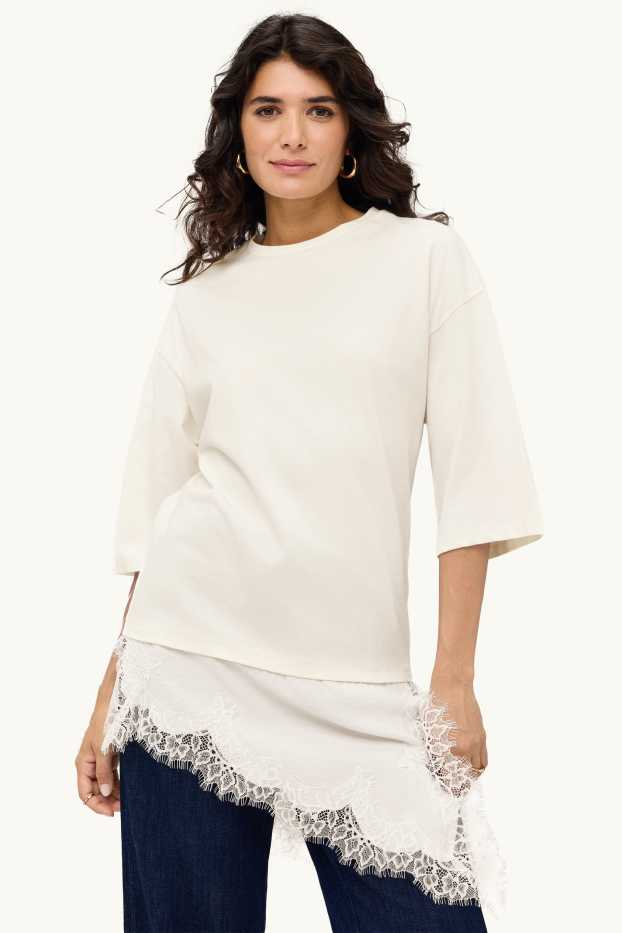 Damen - T-Shirt - Regular Fit - 2-in-1-Look - cremeweiss