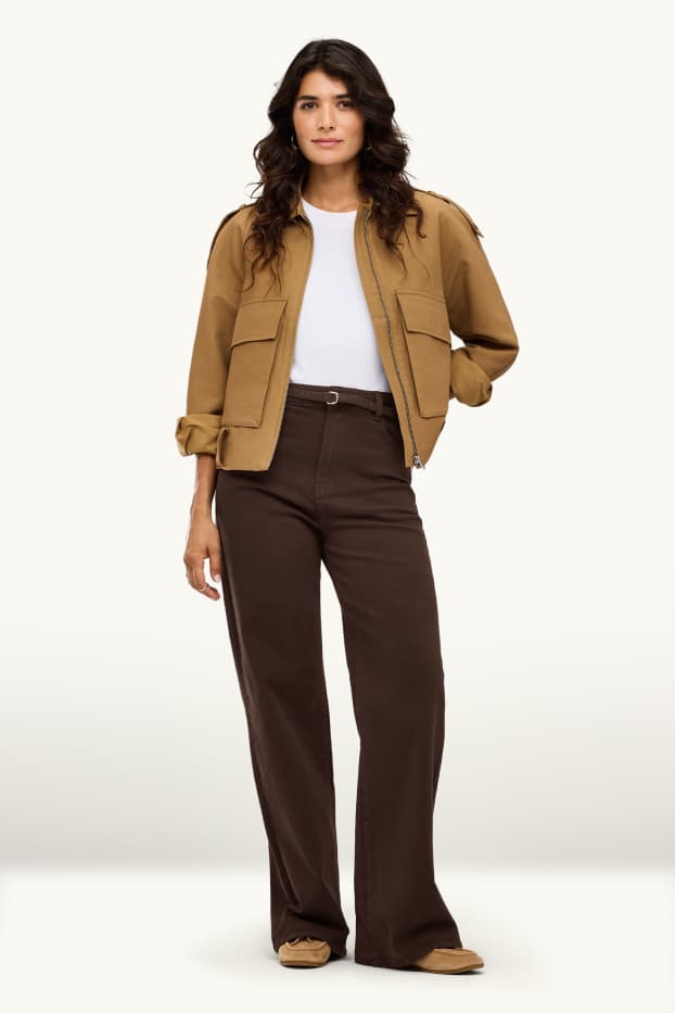 Femei - Wide leg jeans cu curea - talie înaltă - maro închis
