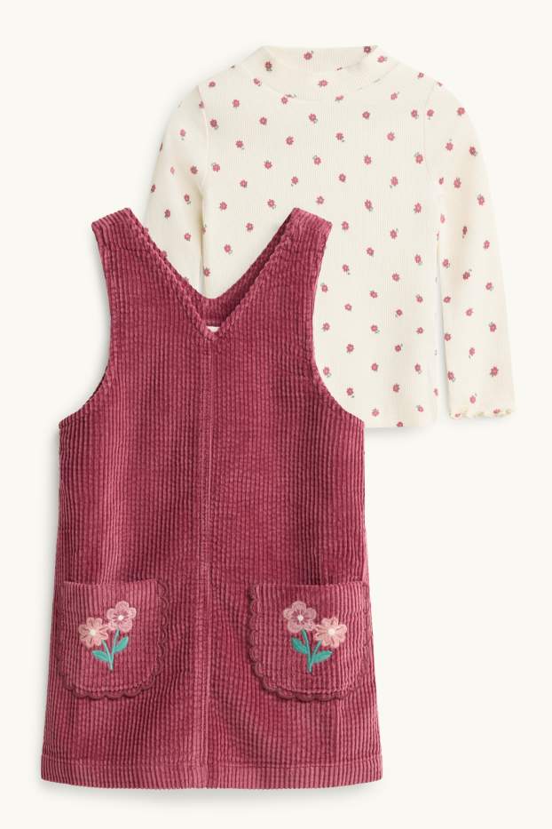 Enfants filles - Fleurs - ensemble - robe en velours côtelé et haut à manches longues - 2 pièces - bordeaux